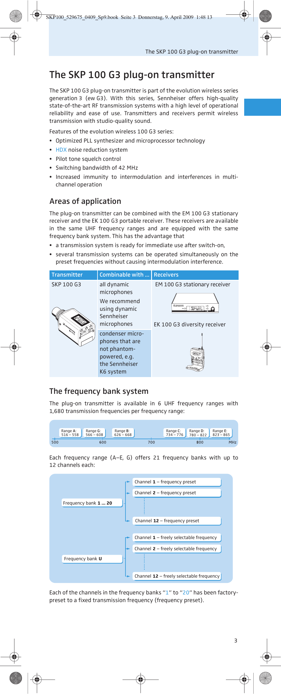 The skp 100 g3 plug-on transmitter, Areas of application, The frequency bank system | Sennheiser EVOLUTIONWIRELESS SKP 100 User Manual | Page 4 / 24