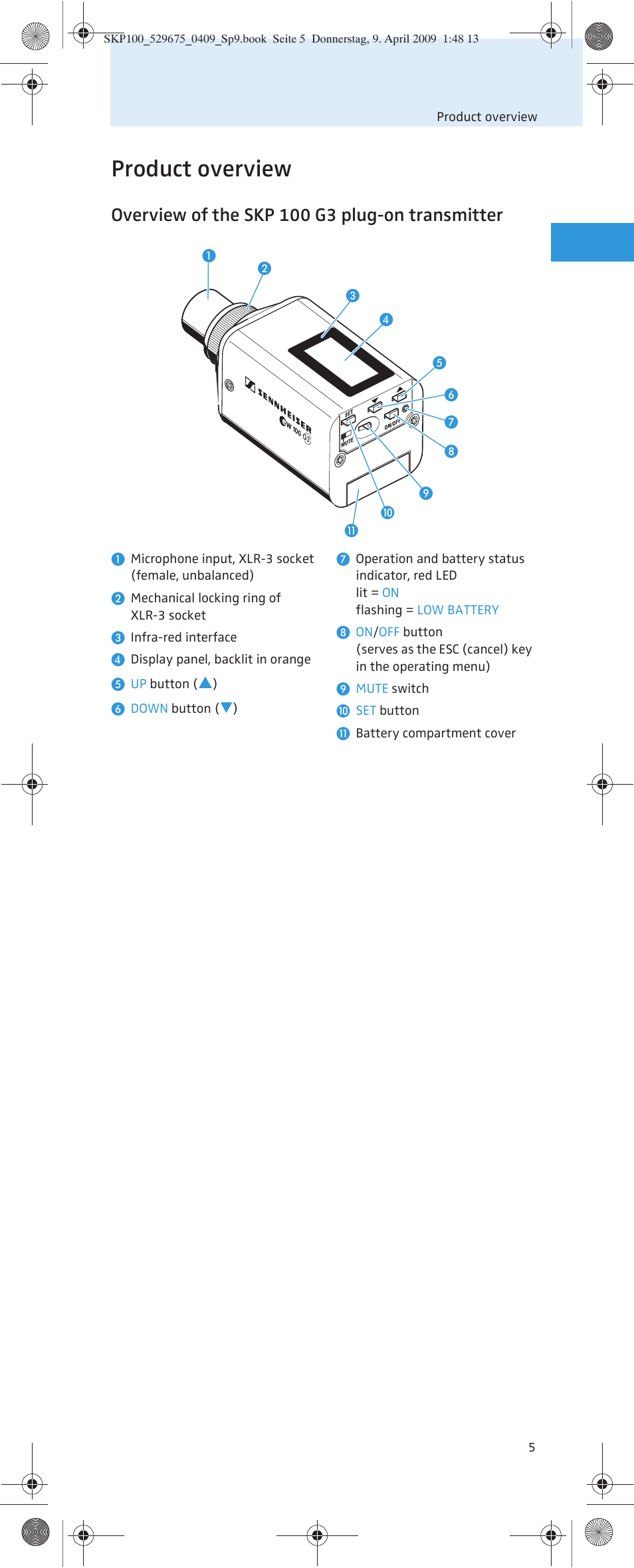 Product overview, Overview of the skp 100 g3 plug-on transmitter | Sennheiser EVOLUTIONWIRELESS SKP 100 User Manual | Page 6 / 24