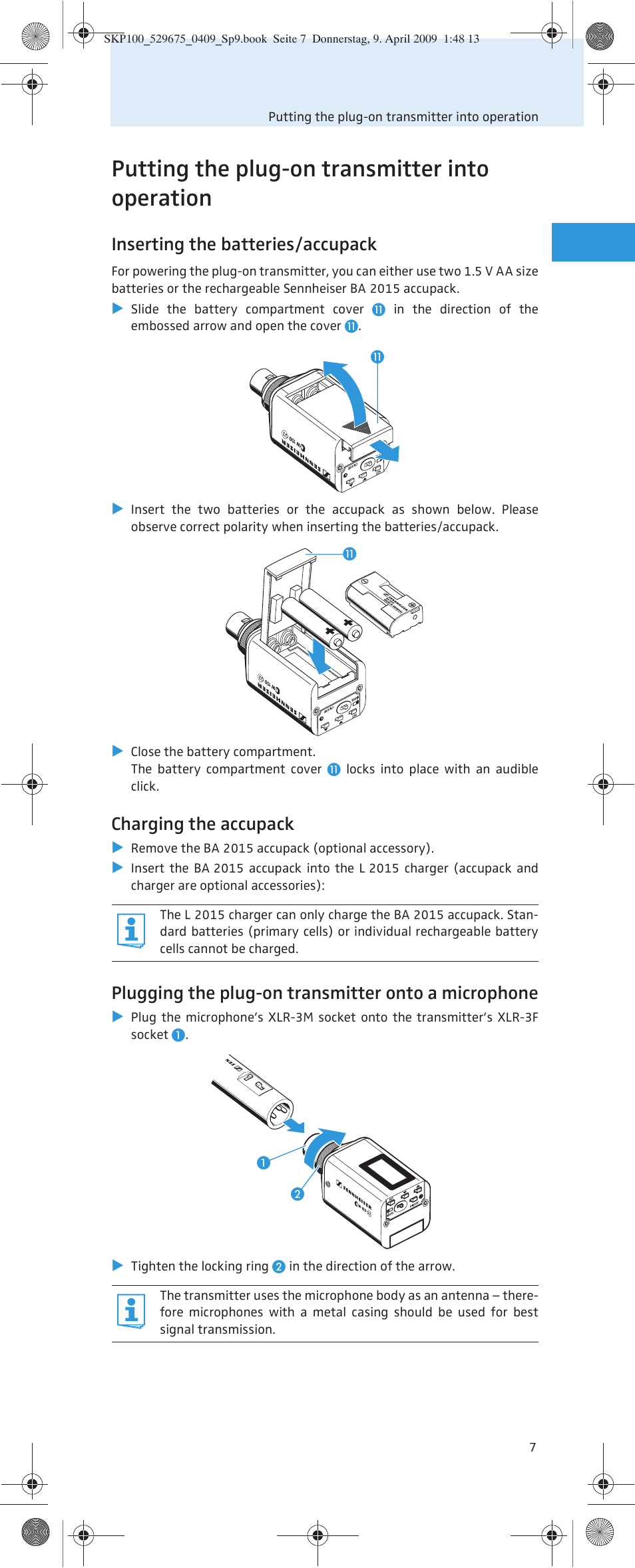Putting the plug-on transmitter into operation, Inserting the batteries/accupack, Charging the accupack | Plugging the plug-on transmitter onto a microphone | Sennheiser EVOLUTIONWIRELESS SKP 100 User Manual | Page 8 / 24