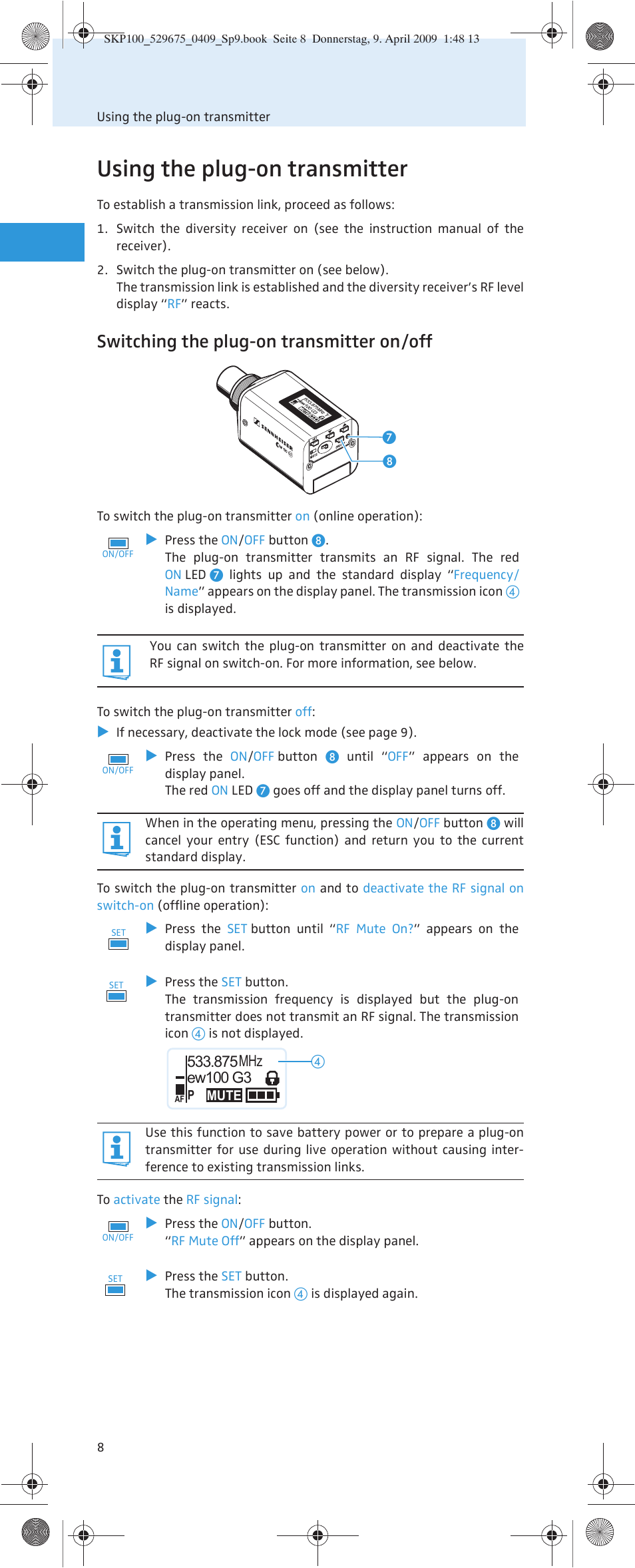 Using the plug-on transmitter, Switching the plug-on transmitter on/off | Sennheiser EVOLUTIONWIRELESS SKP 100 User Manual | Page 9 / 24