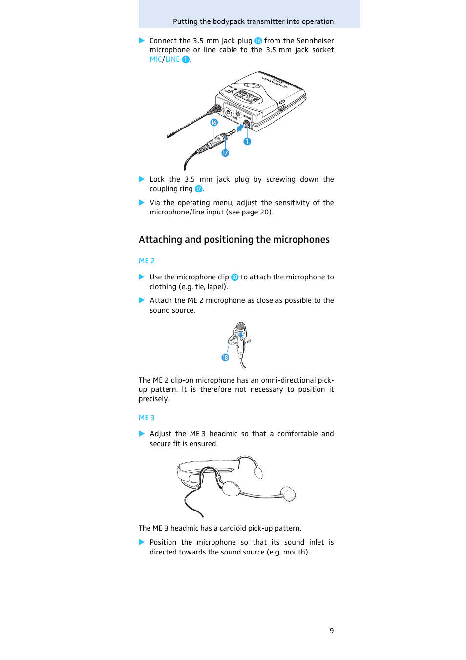 Attaching and positioning the microphones | Sennheiser SK 300 User Manual | Page 10 / 41