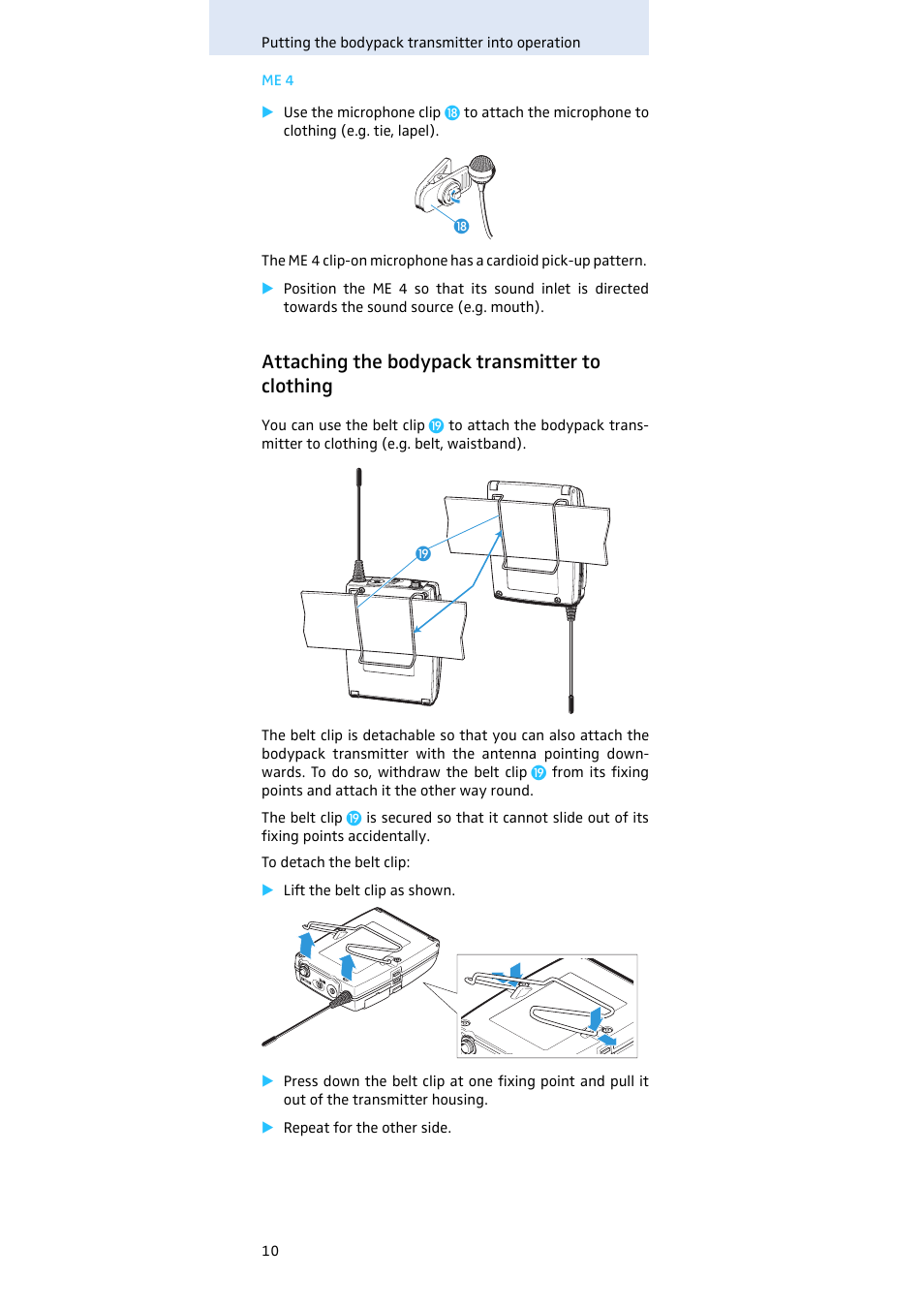 Attaching the bodypack transmitter to clothing | Sennheiser SK 300 User Manual | Page 11 / 41