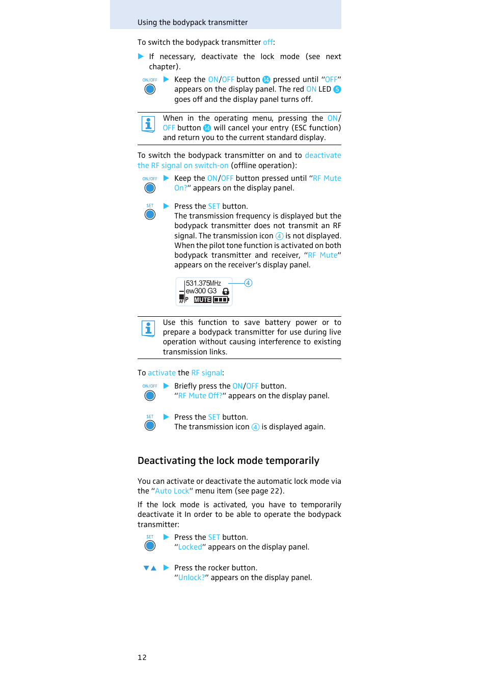Deactivating the lock mode temporarily | Sennheiser SK 300 User Manual | Page 13 / 41