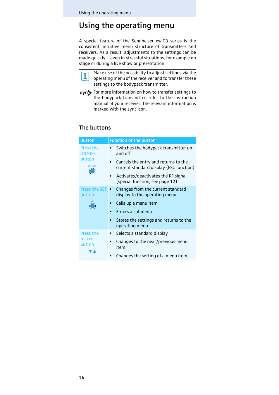 Using the operating menu, The buttons | Sennheiser SK 300 User Manual | Page 17 / 41