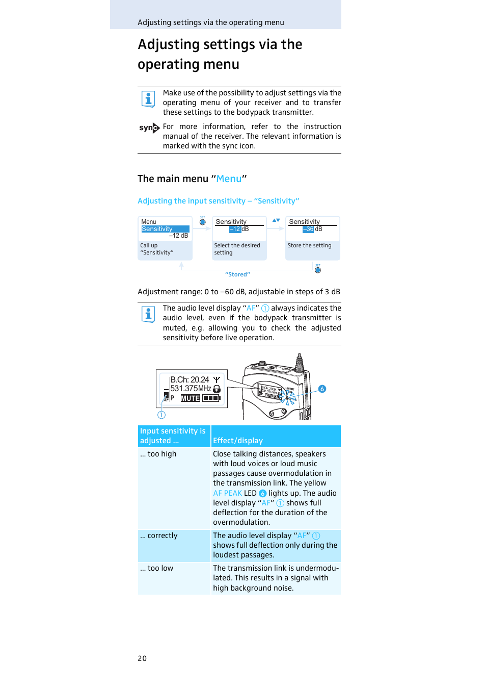 Adjusting settings via the operating menu, The main menu “menu, The main menu “ menu | Sennheiser SK 300 User Manual | Page 21 / 41