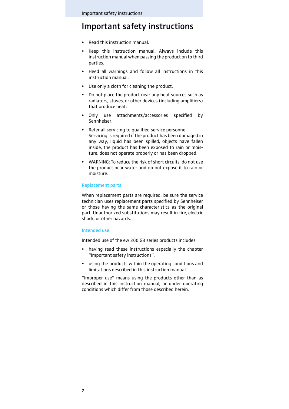 Important safety instructions | Sennheiser SK 300 User Manual | Page 3 / 41