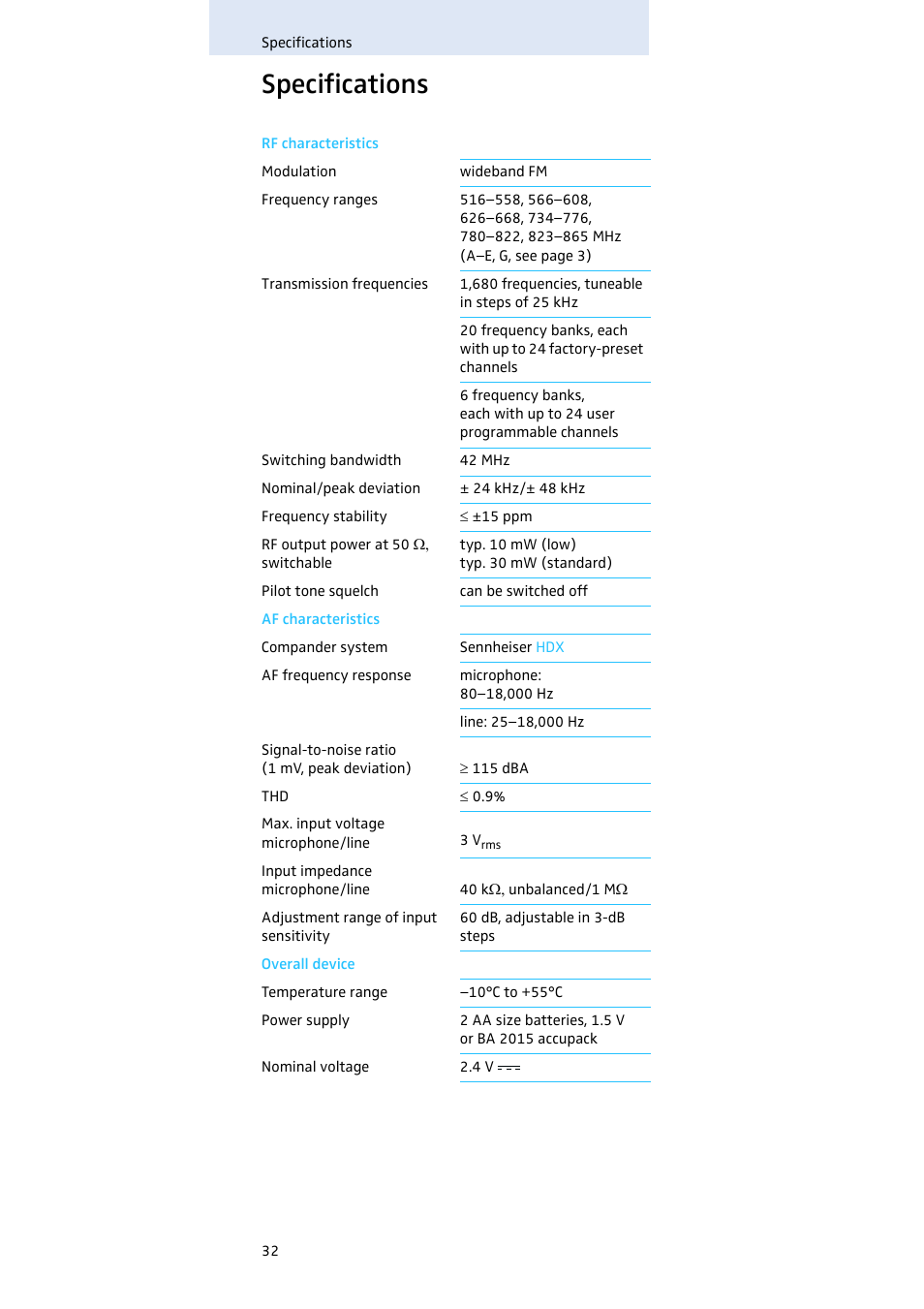 Specifications | Sennheiser SK 300 User Manual | Page 33 / 41
