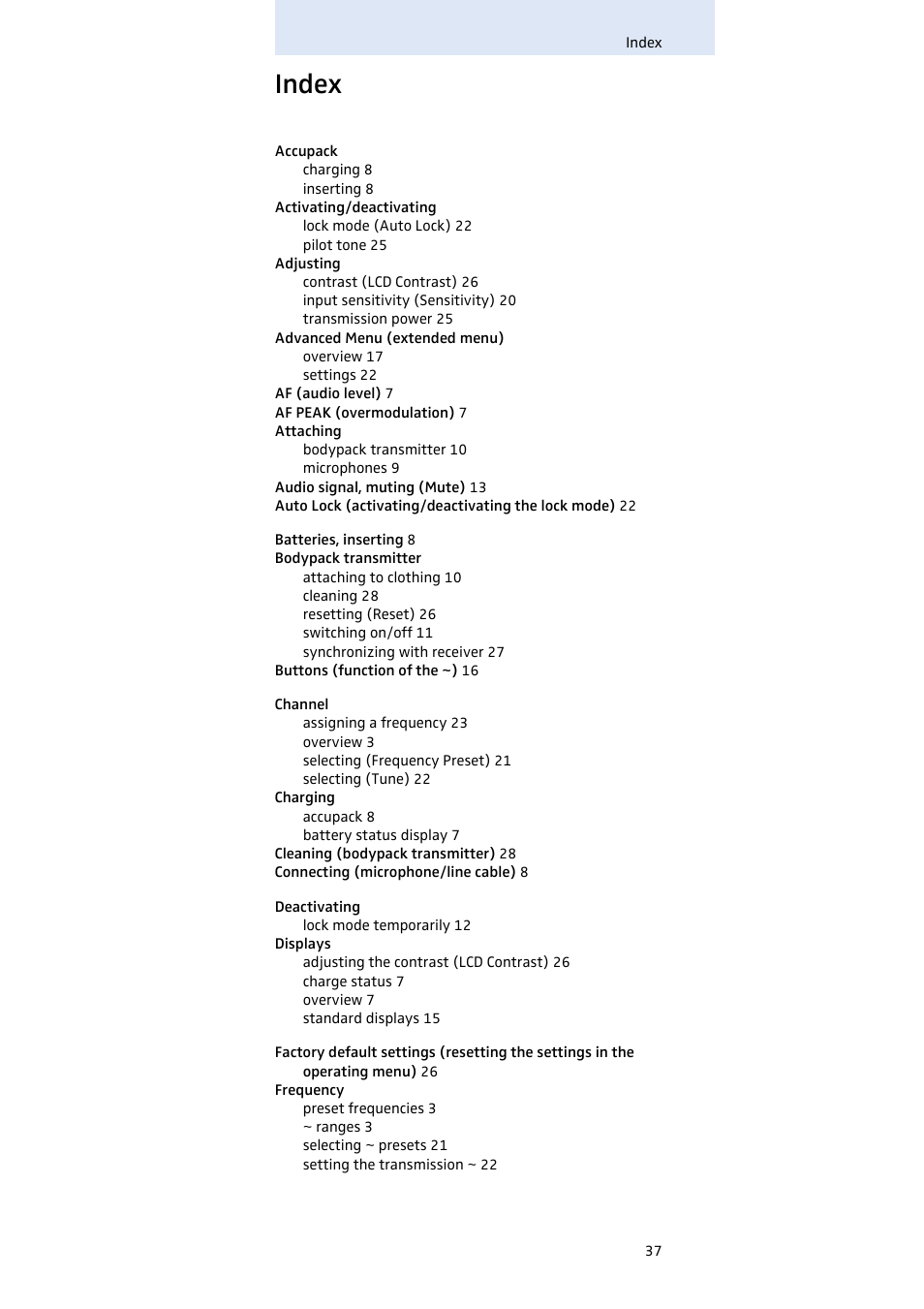 Index | Sennheiser SK 300 User Manual | Page 38 / 41
