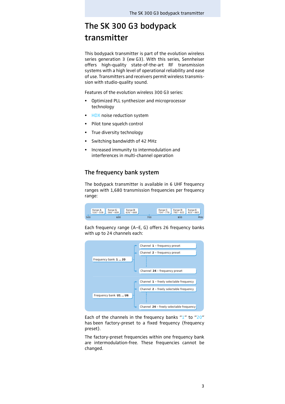 The sk 300 g3 bodypack transmitter, The frequency bank system | Sennheiser SK 300 User Manual | Page 4 / 41