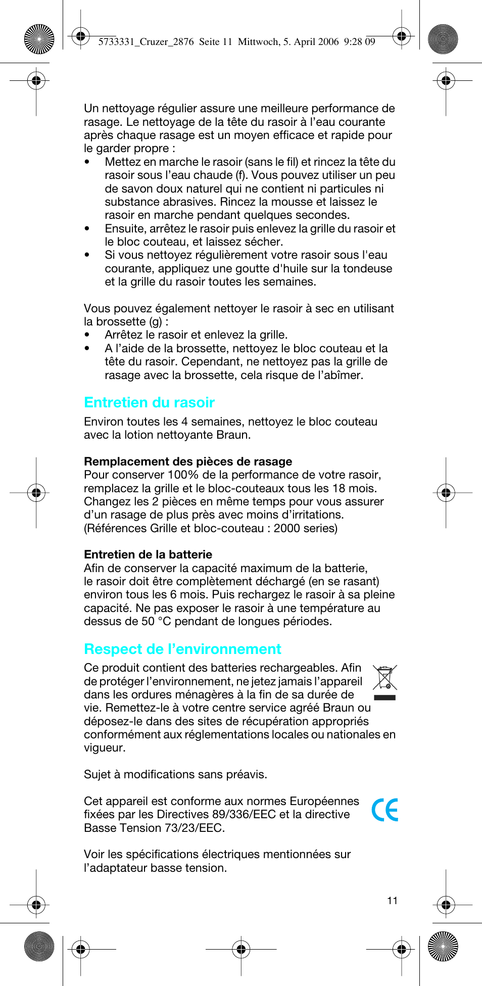 Entretien du rasoir, Respect de l’environnement | Braun 2876 User Manual | Page 10 / 55