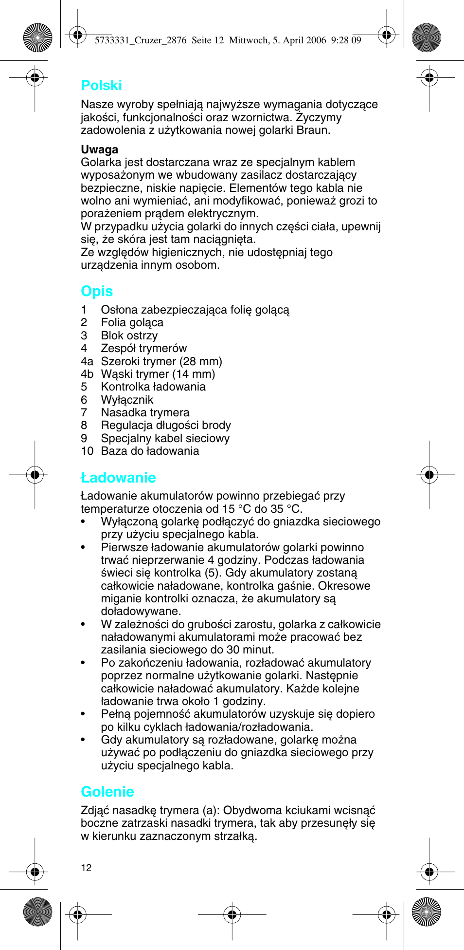 Polski, Opis, Adowanie | Golenie | Braun 2876 User Manual | Page 11 / 55