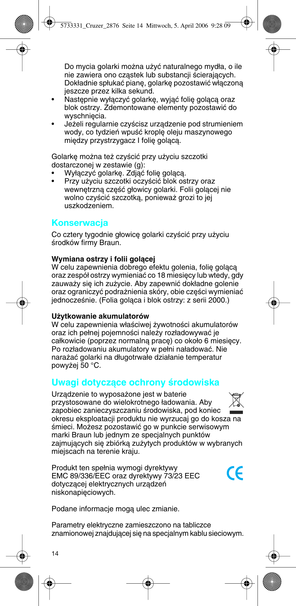 Konserwacja, Uwagi dotyczàce ochrony êrodowiska | Braun 2876 User Manual | Page 13 / 55