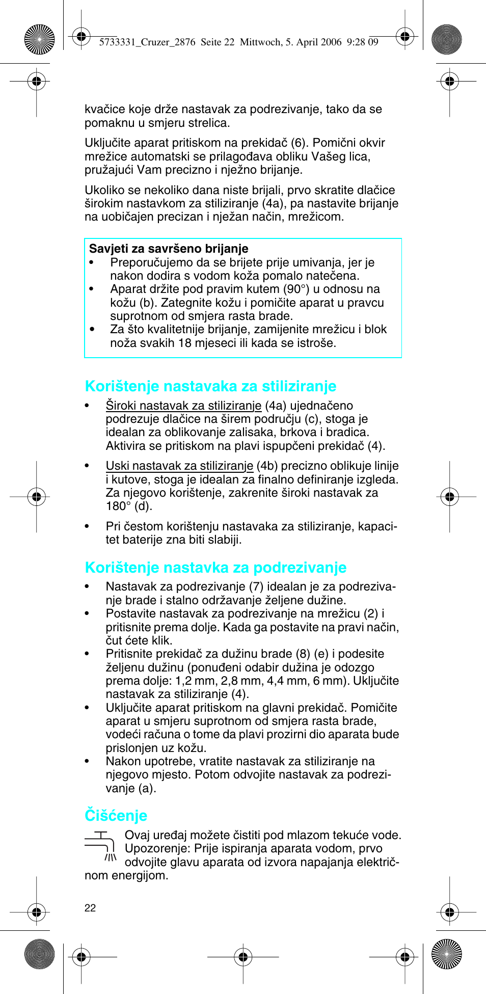 Kori‰tenje nastavaka za stiliziranje, Kori‰tenje nastavka za podrezivanje, Âi‰çenje | Braun 2876 User Manual | Page 21 / 55