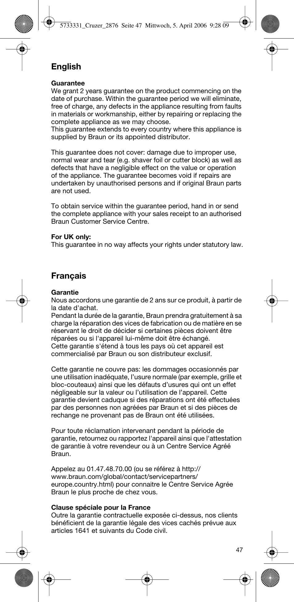 English, Français | Braun 2876 User Manual | Page 46 / 55