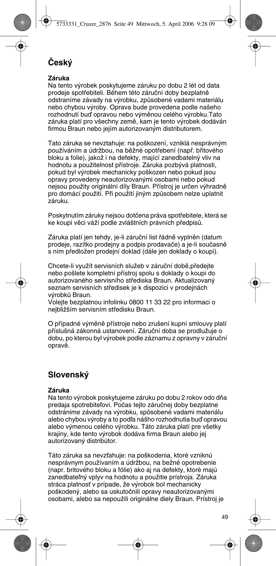 Âesk, Slovensk | Braun 2876 User Manual | Page 48 / 55