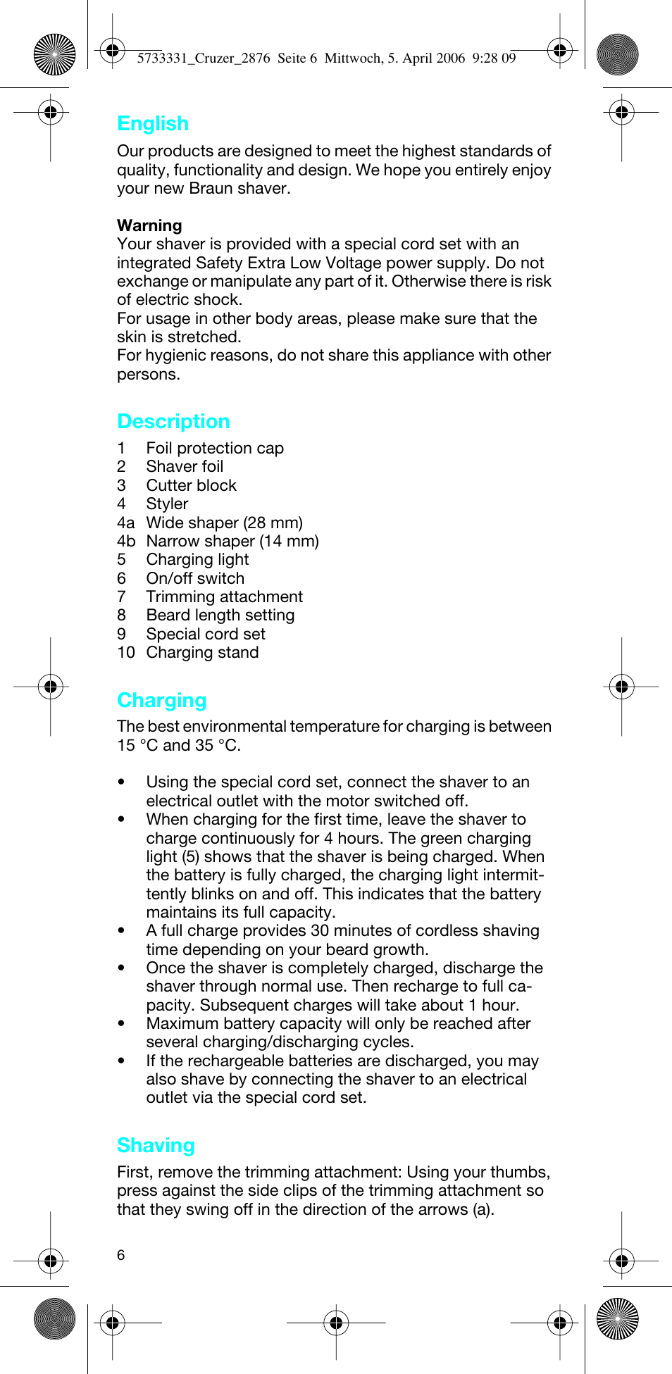 Description, Charging, Shaving | English | Braun 2876 User Manual | Page 5 / 55