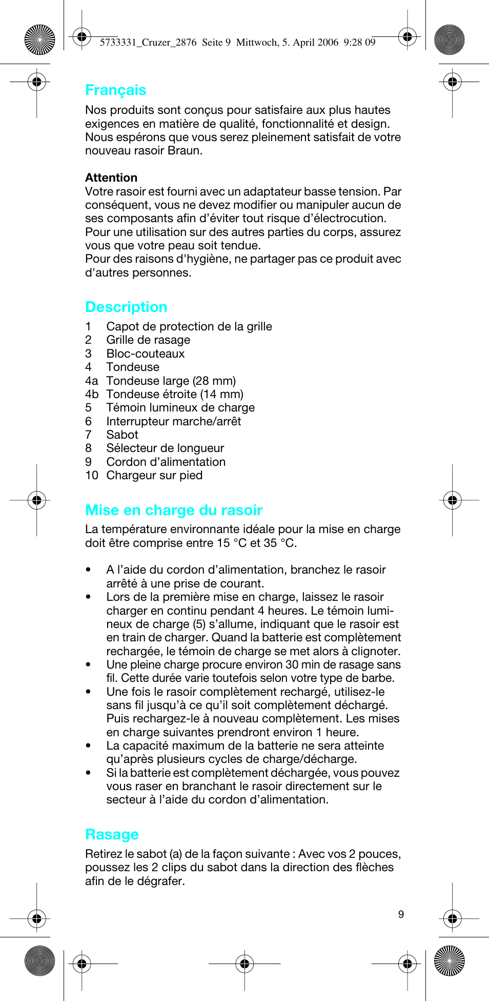 Français, Description, Mise en charge du rasoir | Rasage | Braun 2876 User Manual | Page 8 / 55