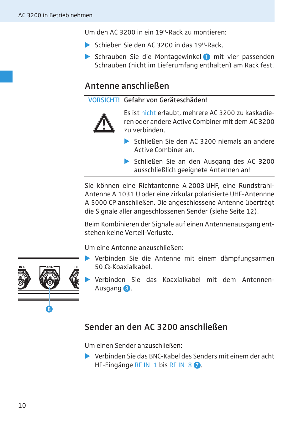 Antenne anschließen, Sender an den ac 3200 anschließen | Sennheiser Active Transmitter Combiner 8:1 AC 3200 User Manual | Page 11 / 69