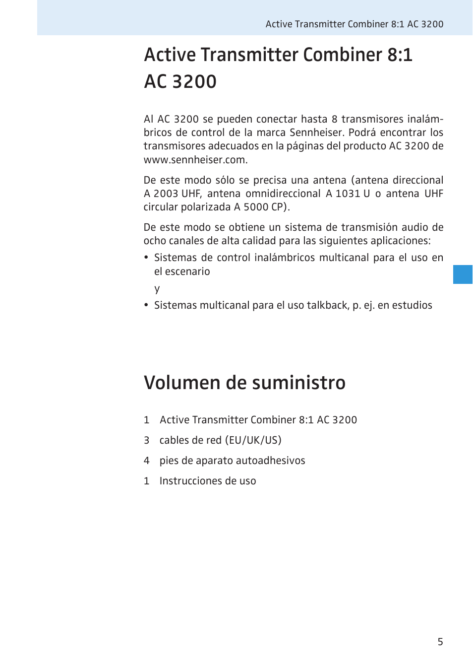 Active transmitter combiner 8:1 ac 3200, Volumen de suministro | Sennheiser Active Transmitter Combiner 8:1 AC 3200 User Manual | Page 23 / 69
