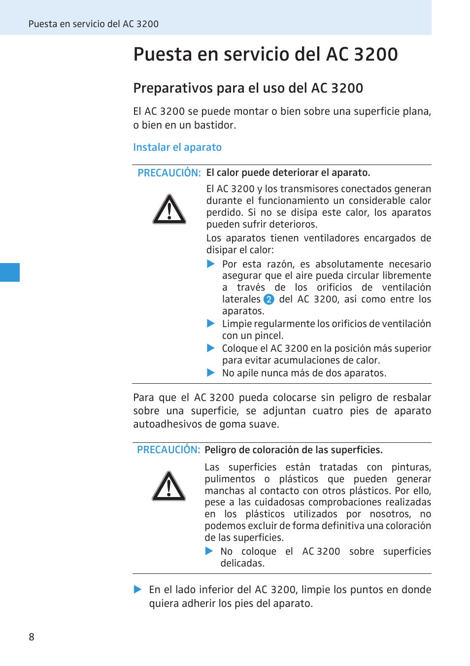 Puesta en servicio del ac 3200, Preparativos para el uso del ac 3200 | Sennheiser Active Transmitter Combiner 8:1 AC 3200 User Manual | Page 26 / 69