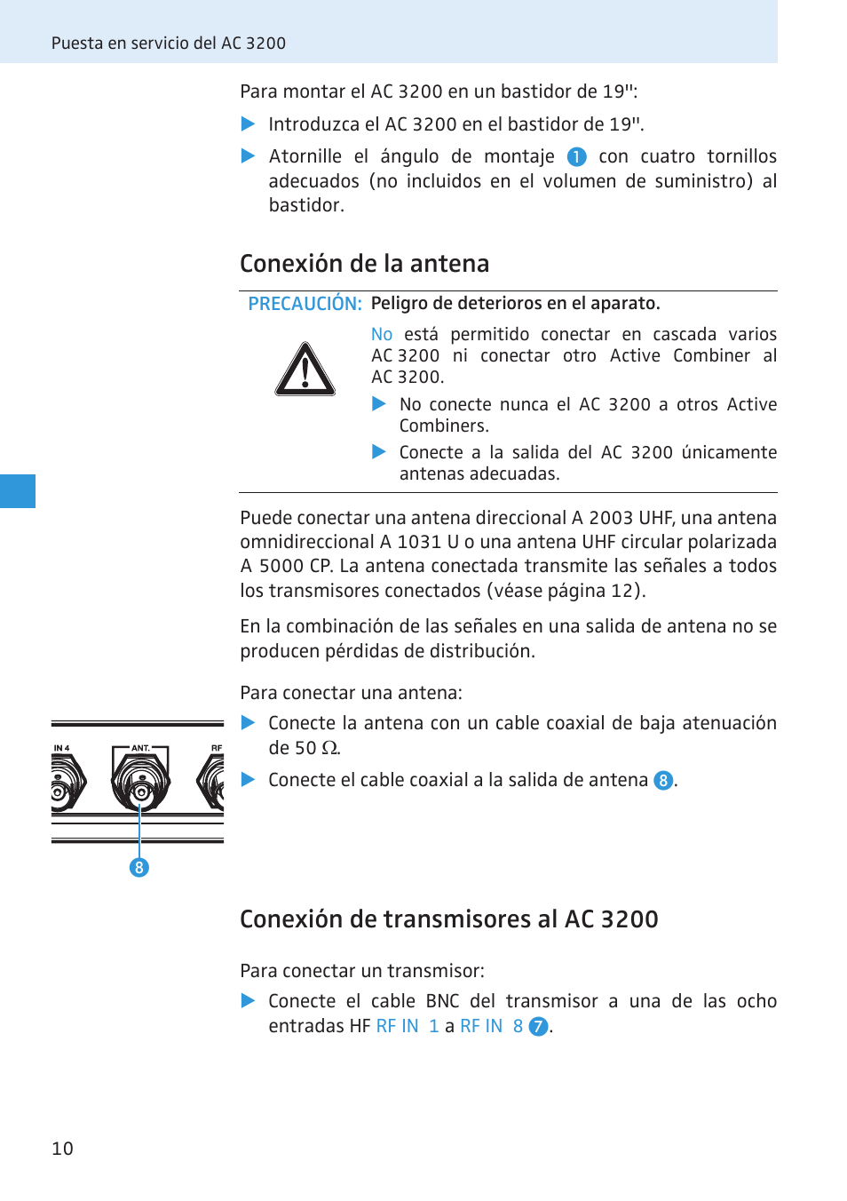 Conexión de la antena, Conexión de transmisores al ac 3200 | Sennheiser Active Transmitter Combiner 8:1 AC 3200 User Manual | Page 28 / 69