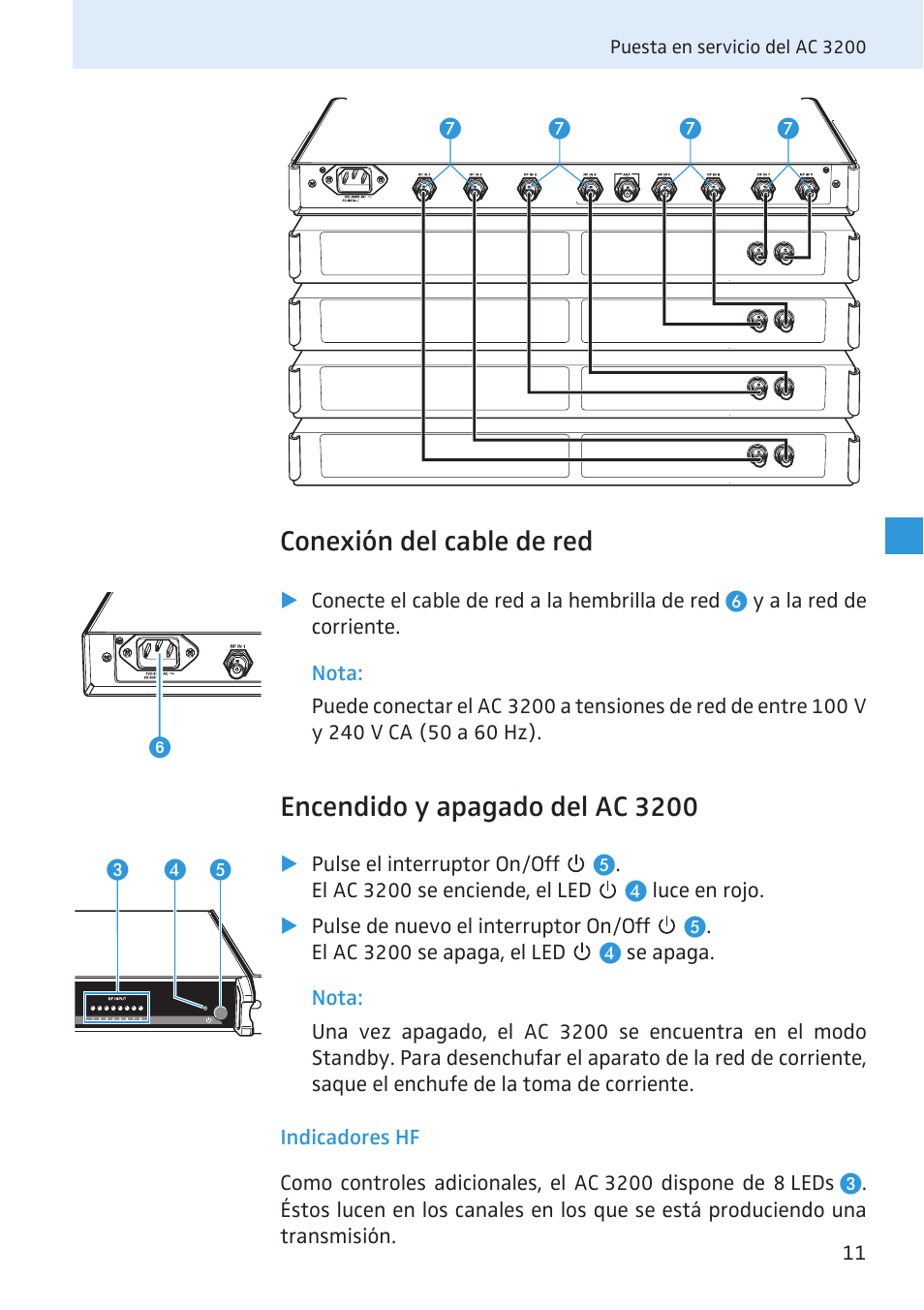 Conexión del cable de red, Encendido y apagado del ac 3200 | Sennheiser Active Transmitter Combiner 8:1 AC 3200 User Manual | Page 29 / 69