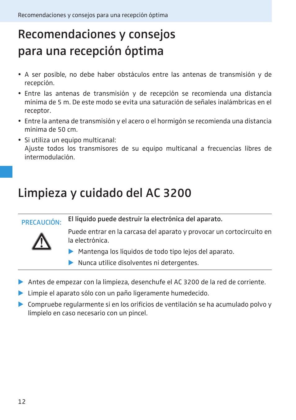Limpieza y cuidado del ac 3200 | Sennheiser Active Transmitter Combiner 8:1 AC 3200 User Manual | Page 30 / 69
