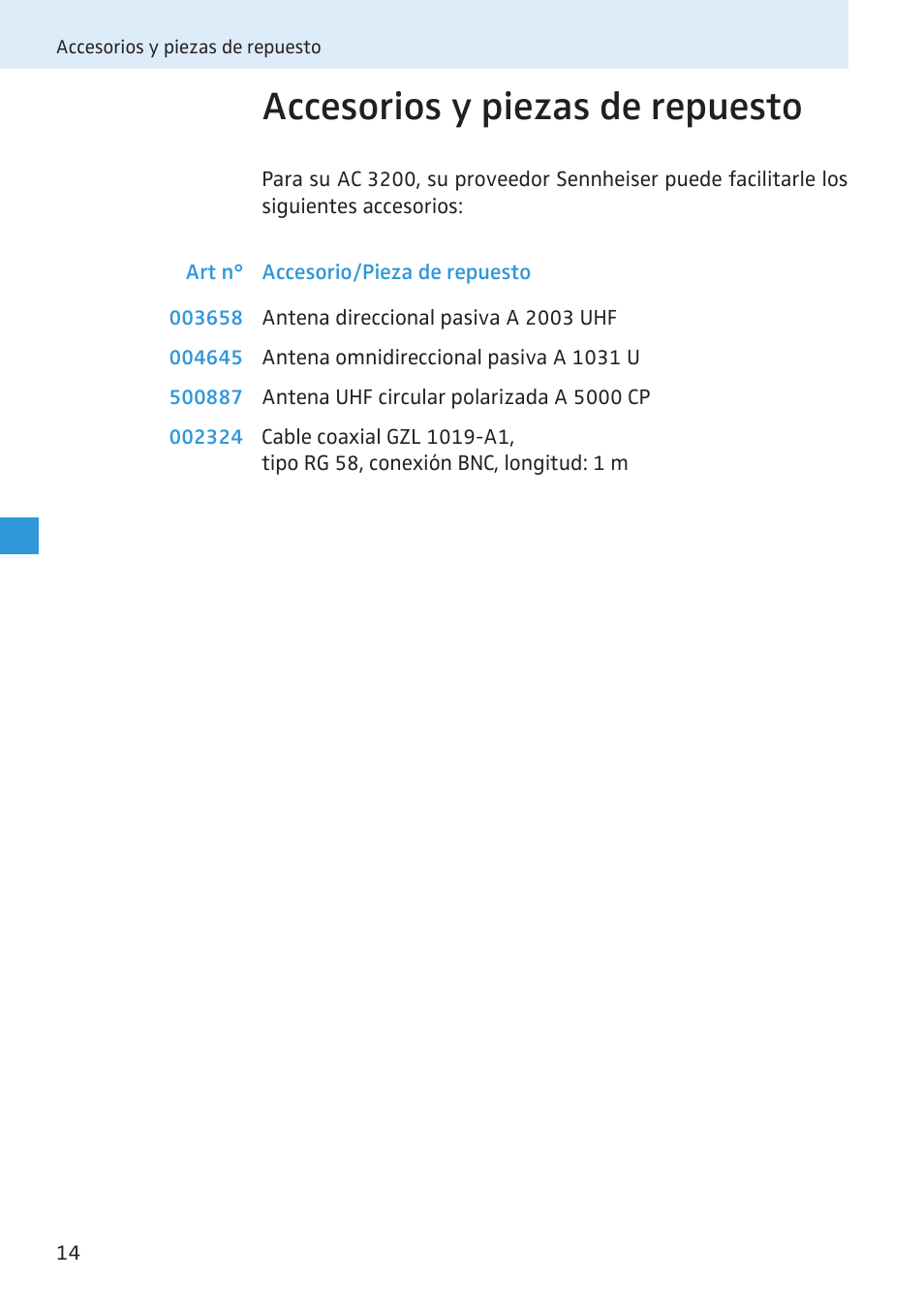Accesorios y piezas de repuesto | Sennheiser Active Transmitter Combiner 8:1 AC 3200 User Manual | Page 32 / 69