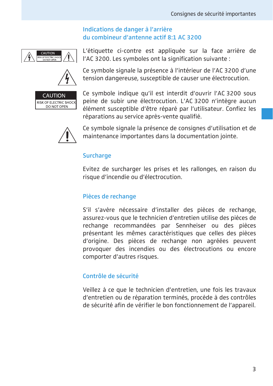 Surcharge, Pièces de rechange, Contrôle de sécurité | Sennheiser Active Transmitter Combiner 8:1 AC 3200 User Manual | Page 38 / 69