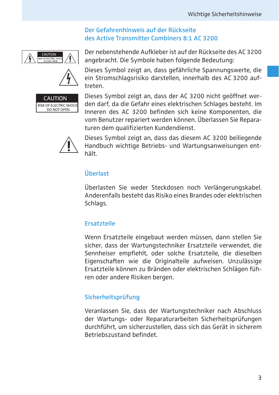 Überlast, Ersatzteile, Sicherheitsprüfung | Sennheiser Active Transmitter Combiner 8:1 AC 3200 User Manual | Page 4 / 69
