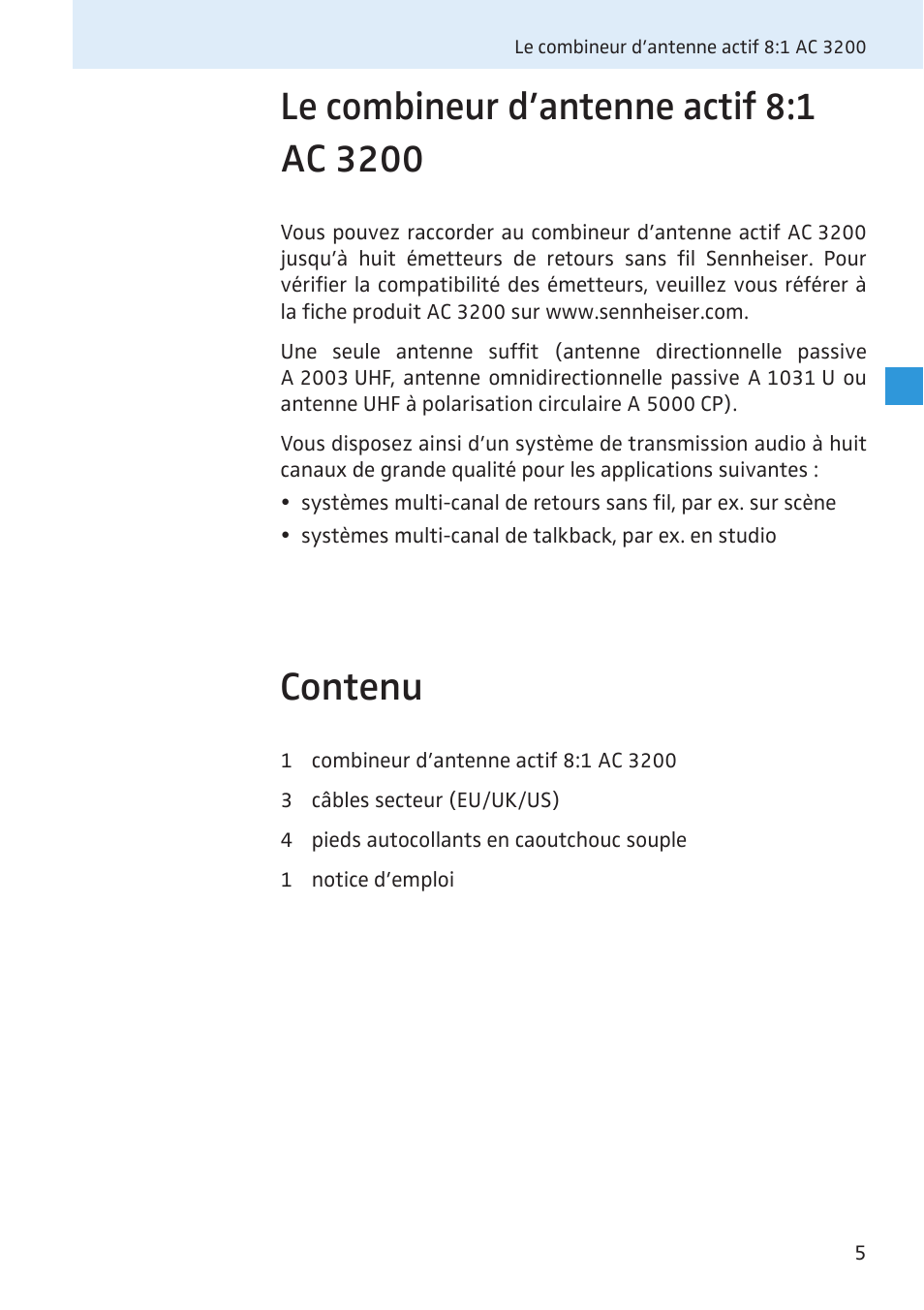 Le combineur d’antenne actif 8:1 ac 3200, Contenu | Sennheiser Active Transmitter Combiner 8:1 AC 3200 User Manual | Page 40 / 69