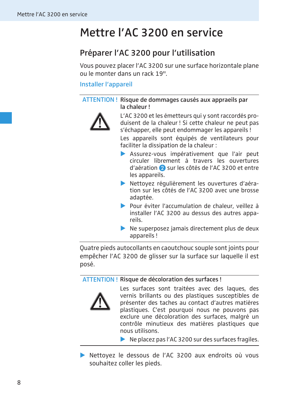Mettre l’ac 3200 en service, Préparer l’ac 3200 pour l’utilisation, Installer l’appareil | Sennheiser Active Transmitter Combiner 8:1 AC 3200 User Manual | Page 43 / 69