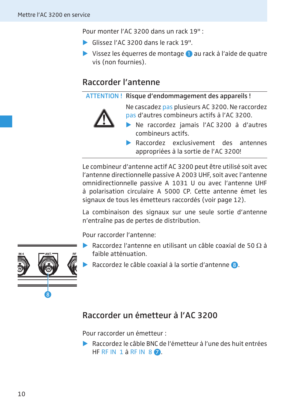 Raccorder l’antenne, Raccorder un émetteur à l’ac 3200 | Sennheiser Active Transmitter Combiner 8:1 AC 3200 User Manual | Page 45 / 69