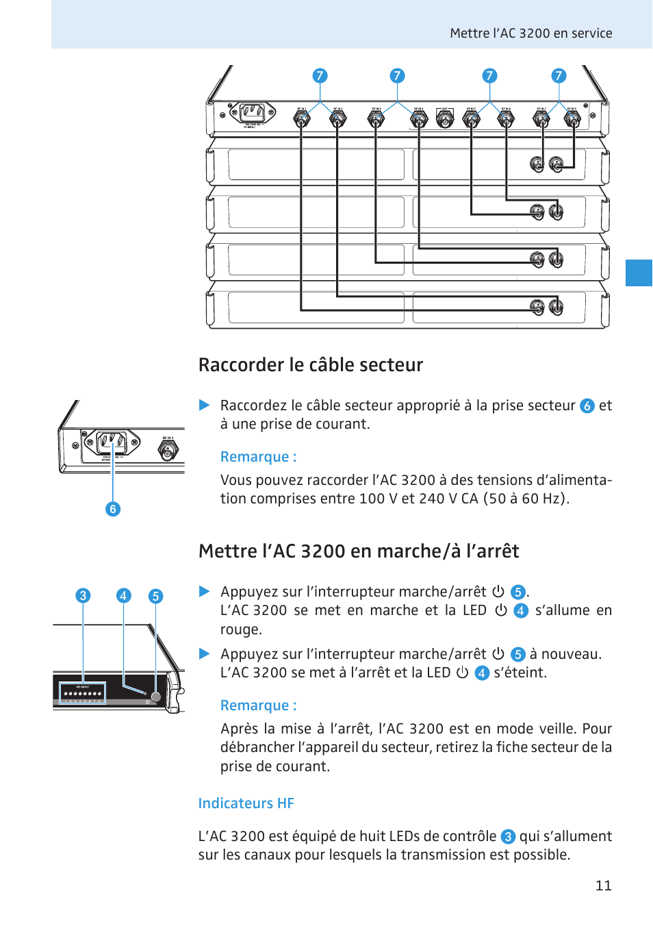 Raccorder le câble secteur, Mettre l’ac 3200 en marche/à l’arrêt, Indicateurs hf | Sennheiser Active Transmitter Combiner 8:1 AC 3200 User Manual | Page 46 / 69