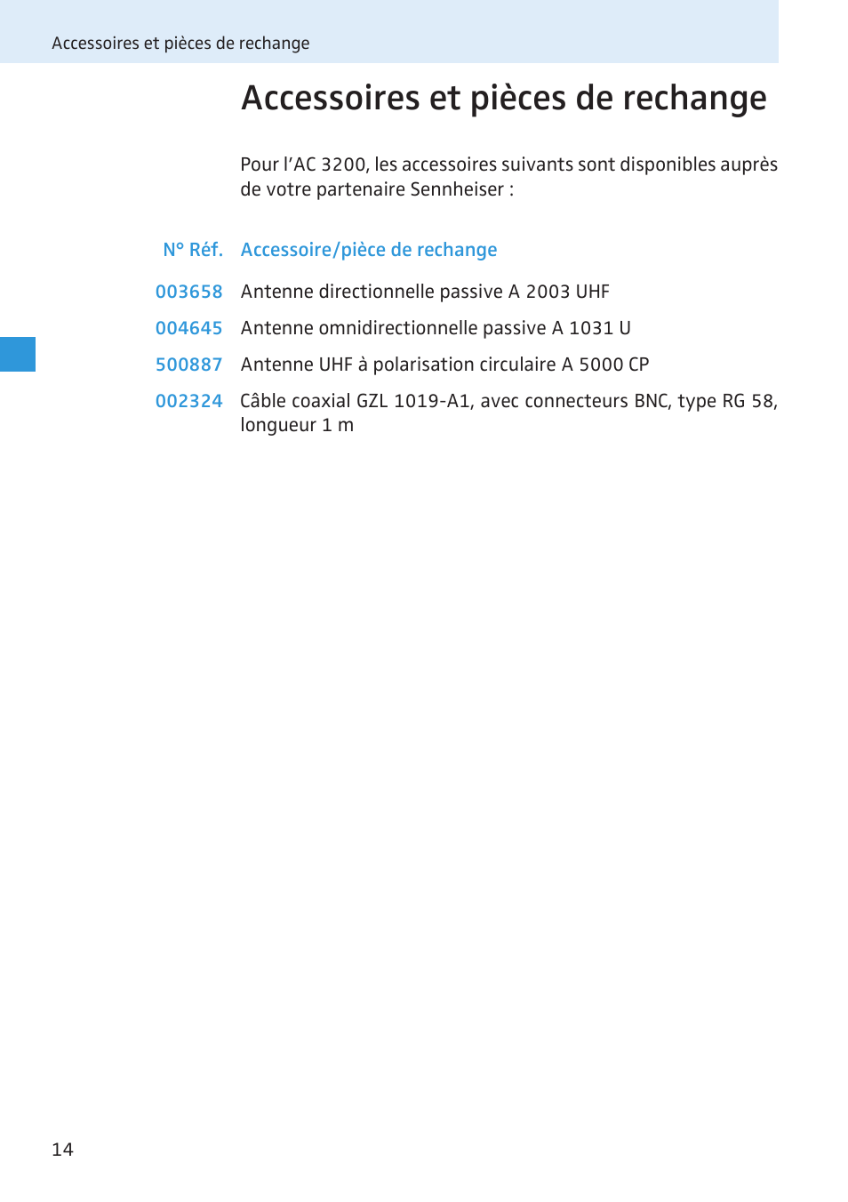Accessoires et pièces de rechange | Sennheiser Active Transmitter Combiner 8:1 AC 3200 User Manual | Page 49 / 69