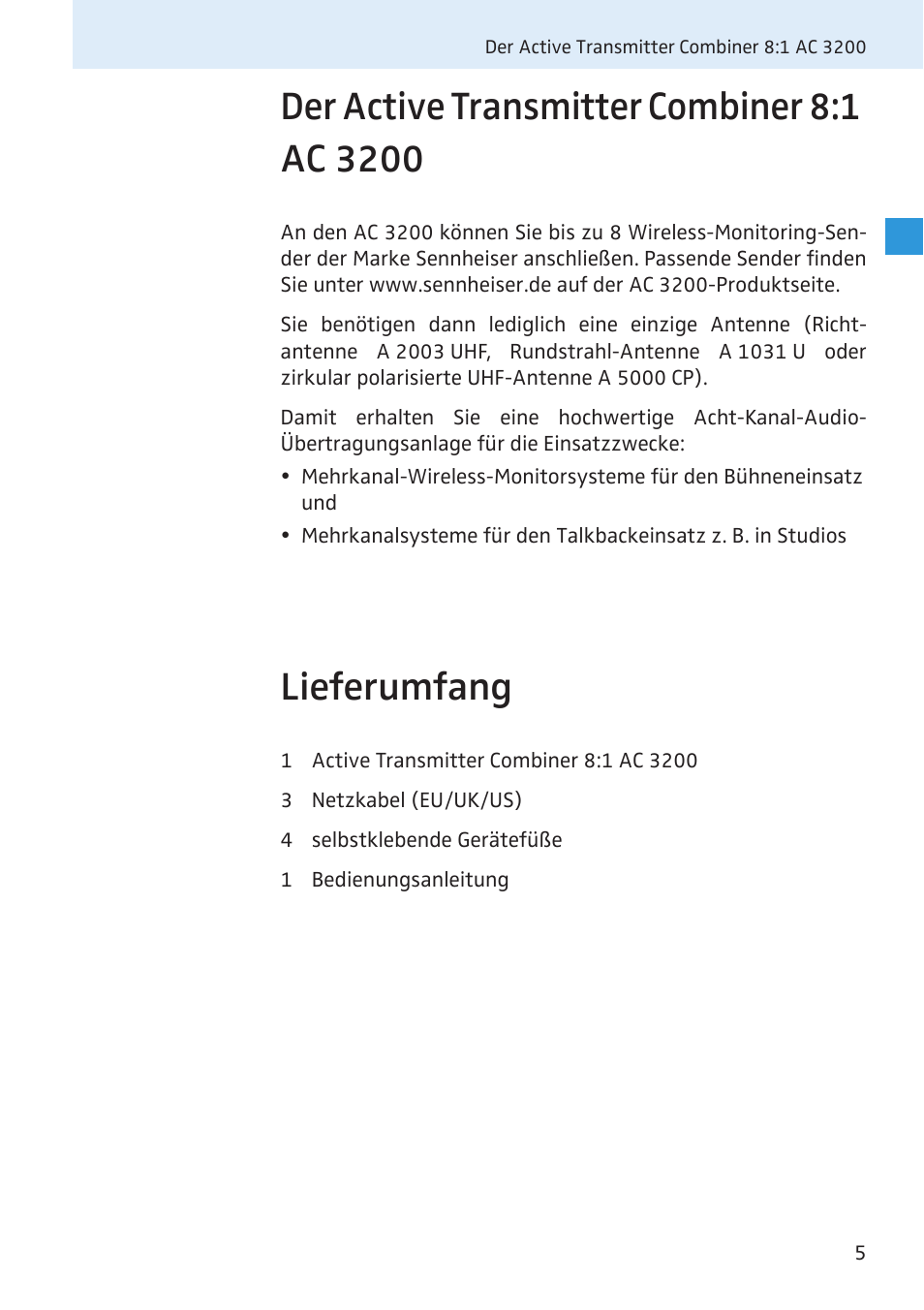 Der active transmitter combiner 8:1 ac 3200, Lieferumfang | Sennheiser Active Transmitter Combiner 8:1 AC 3200 User Manual | Page 6 / 69