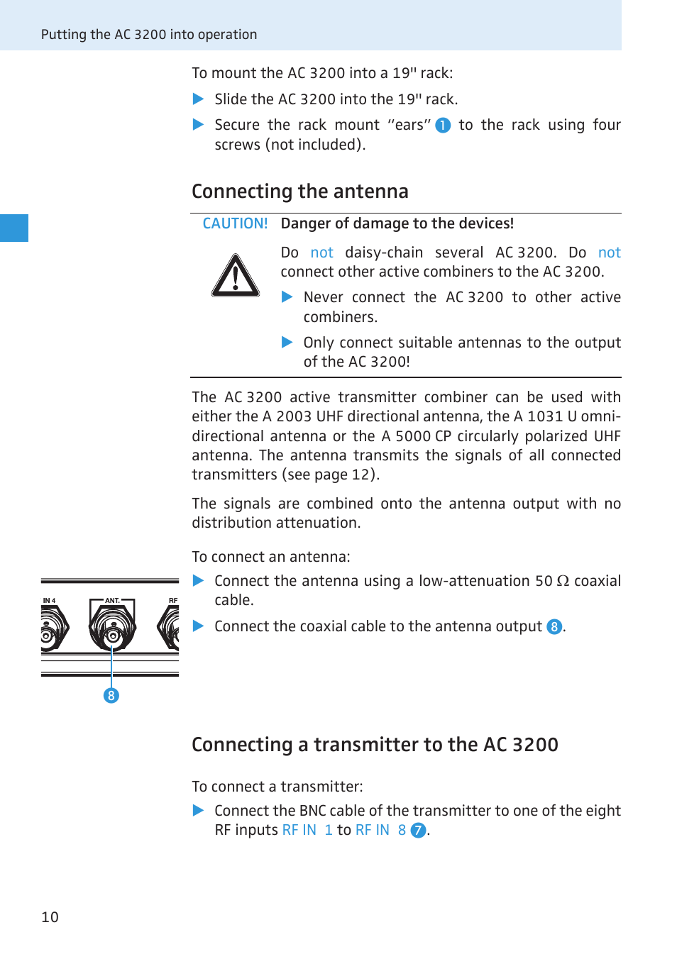 Connecting the antenna, Connecting a transmitter to the ac 3200 | Sennheiser Active Transmitter Combiner 8:1 AC 3200 User Manual | Page 62 / 69