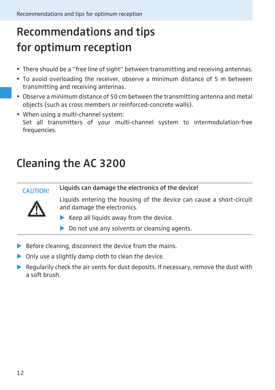 Recommendations and tips for optimum reception, Cleaning the ac 3200 | Sennheiser Active Transmitter Combiner 8:1 AC 3200 User Manual | Page 64 / 69