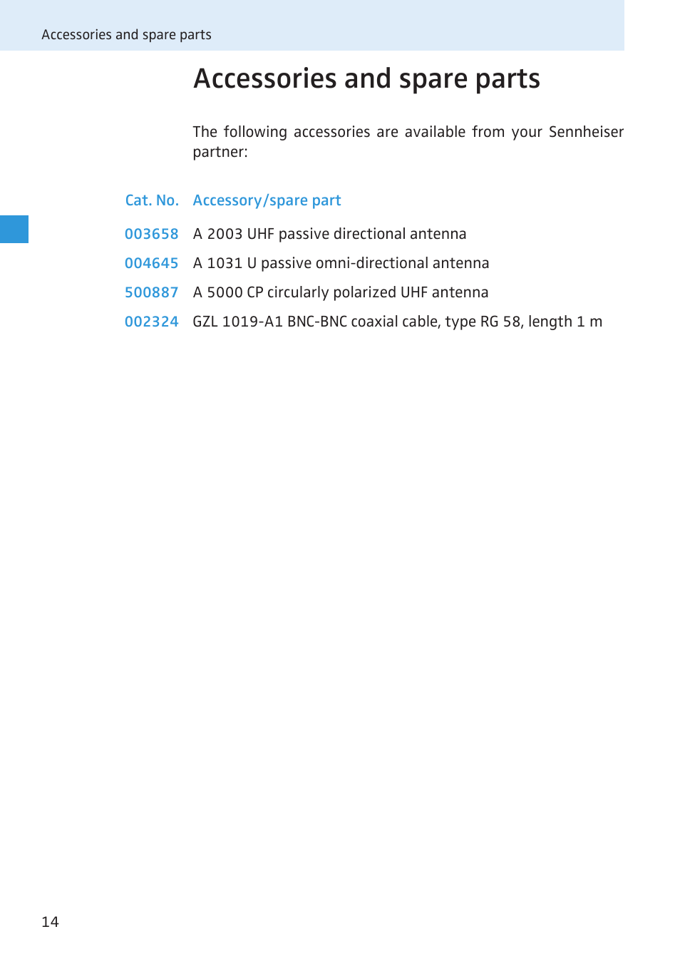 Accessories and spare parts | Sennheiser Active Transmitter Combiner 8:1 AC 3200 User Manual | Page 66 / 69