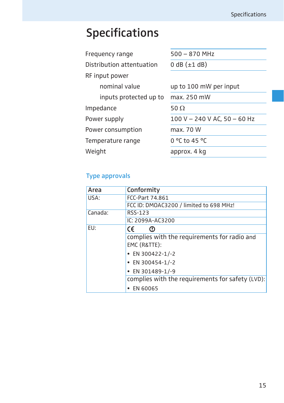 Specifications | Sennheiser Active Transmitter Combiner 8:1 AC 3200 User Manual | Page 67 / 69