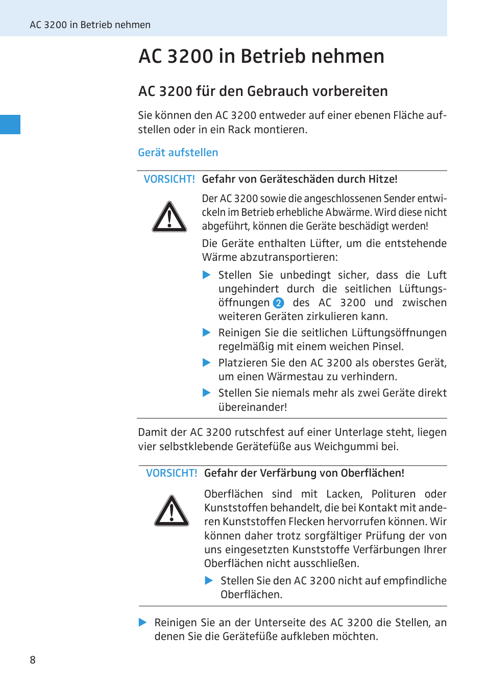 Ac 3200 in betrieb nehmen, Ac 3200 für den gebrauch vorbereiten, Gerät aufstellen | Sennheiser Active Transmitter Combiner 8:1 AC 3200 User Manual | Page 9 / 69