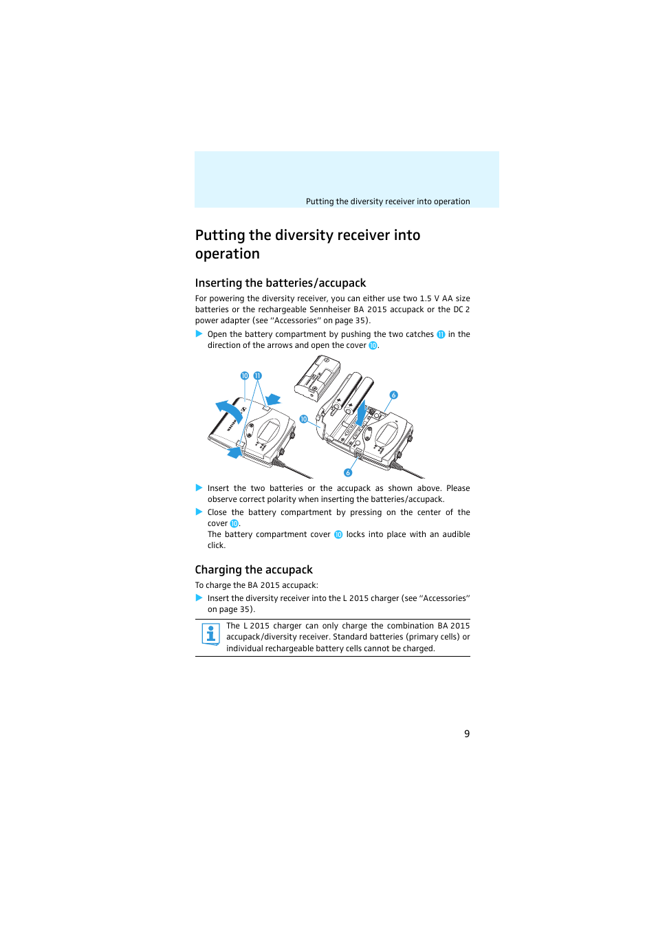 Putting the diversity receiver into operation, Inserting the batteries/accupack, Charging the accupack | Sennheiser EK 2000 User Manual | Page 10 / 43