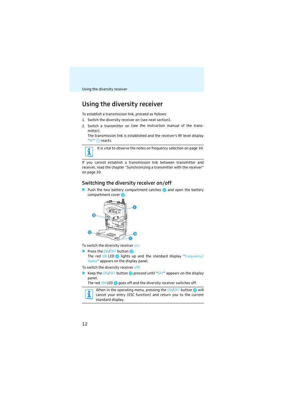 Using the diversity receiver, Switching the diversity receiver on/off | Sennheiser EK 2000 User Manual | Page 13 / 43