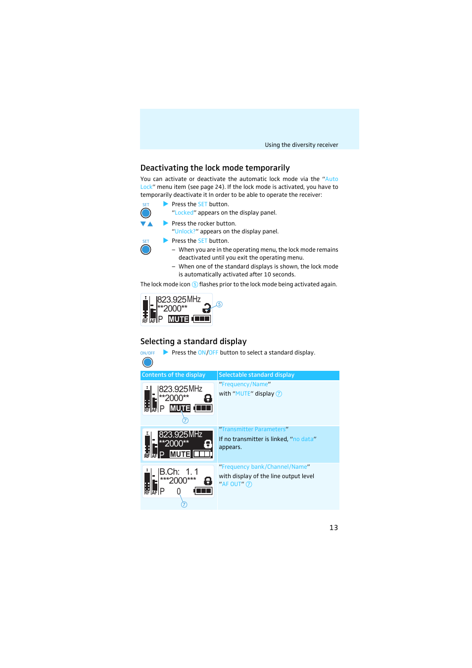 Deactivating the lock mode temporarily, Selecting a standard display | Sennheiser EK 2000 User Manual | Page 14 / 43
