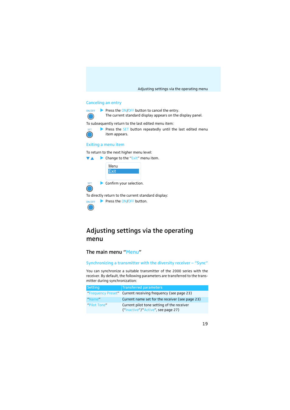 Adjusting settings via the operating menu, The main menu “menu, The main menu “ menu | Sennheiser EK 2000 User Manual | Page 20 / 43