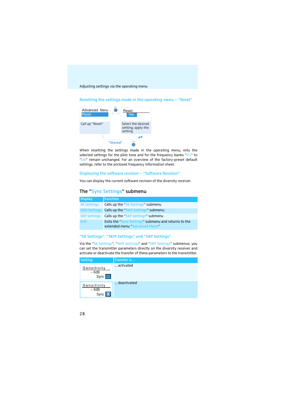 The “sync settings” submenu, And 28), The “ sync settings ” submenu | Sennheiser EK 2000 User Manual | Page 29 / 43