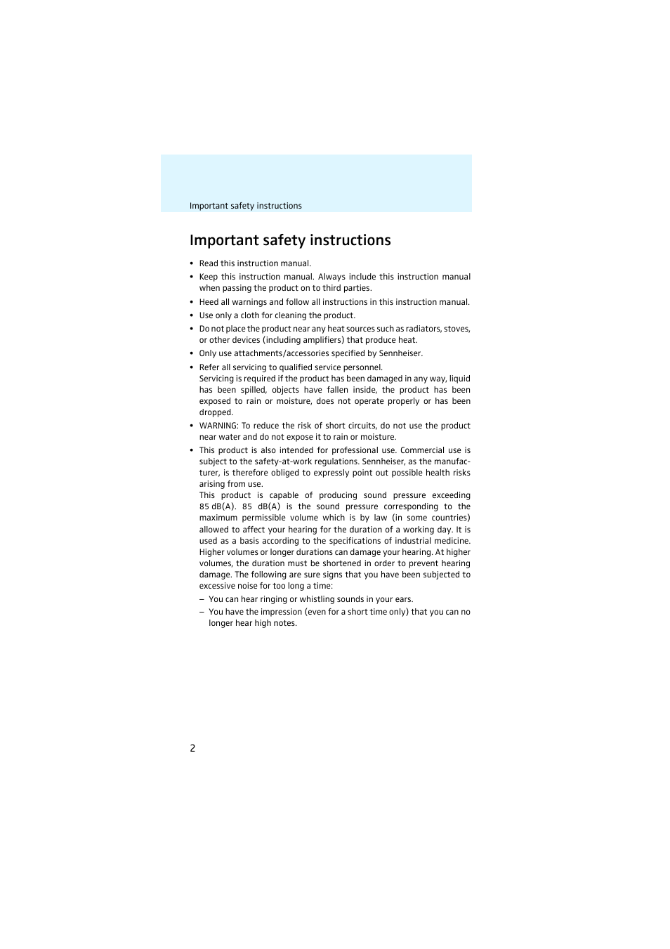 Important safety instructions | Sennheiser EK 2000 User Manual | Page 3 / 43