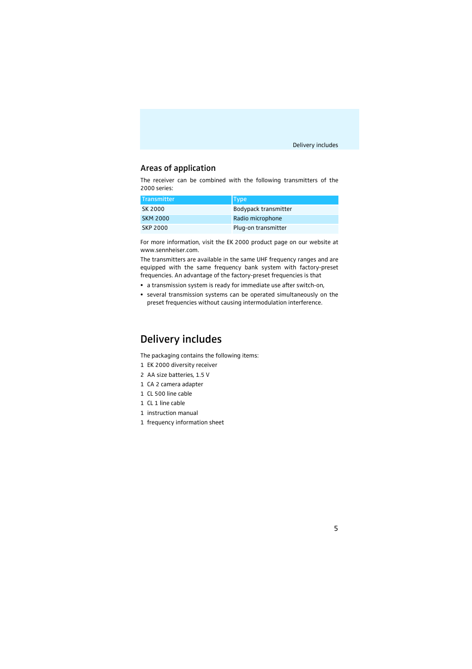 Areas of application, Delivery includes | Sennheiser EK 2000 User Manual | Page 6 / 43