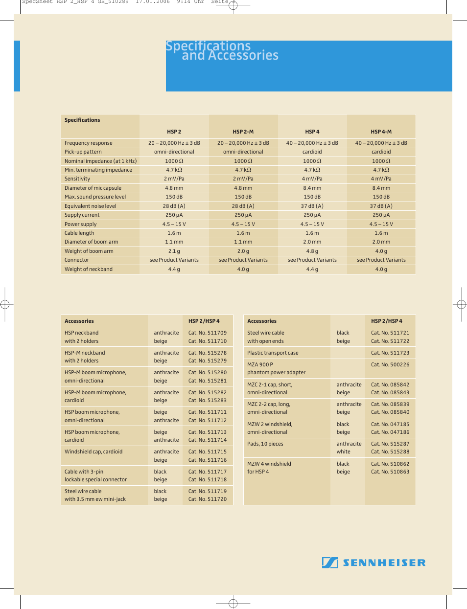 Specifications and accessories | Sennheiser HSP 2-M User Manual | Page 3 / 4