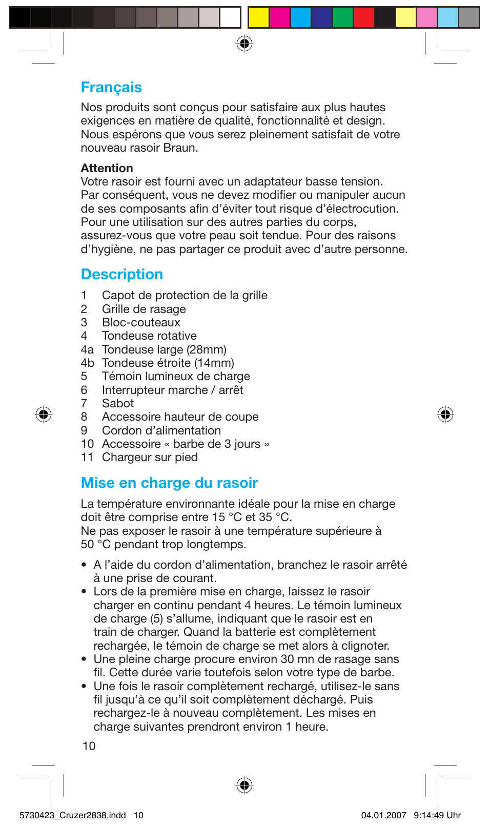 Français, Description, Mise en charge du rasoir | Braun 2838 User Manual | Page 10 / 67